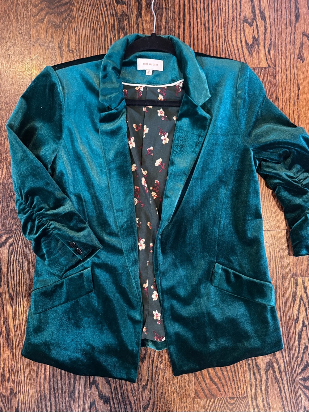 Skies Are Blue Emerald Green Velvet Blazer Floral Lined Ruched Sleeve XS